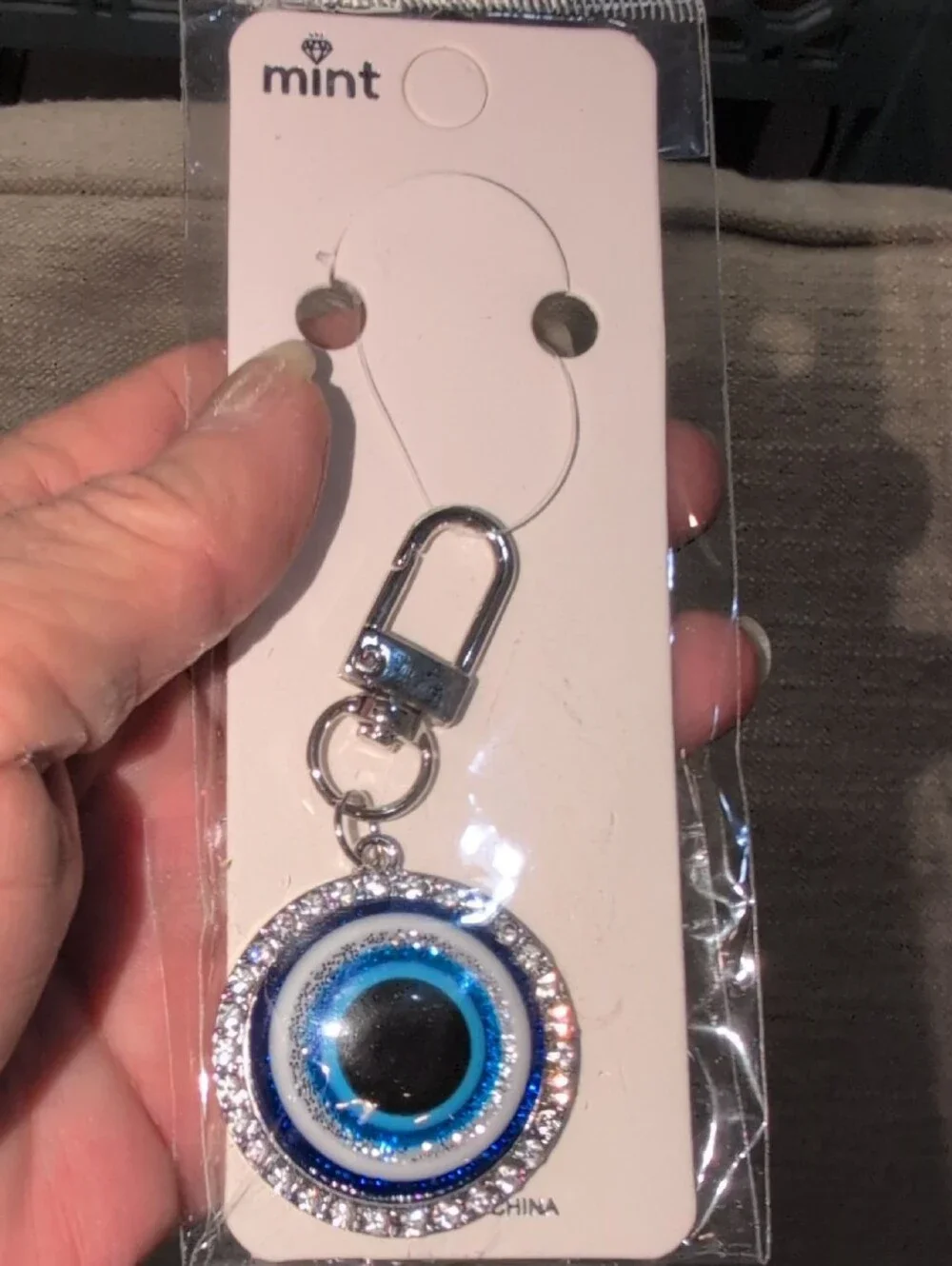 Mint Silver and Blue Evil Eye Keychain With Crystals